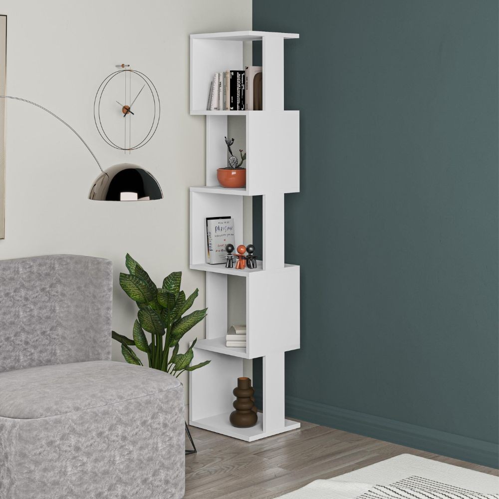 Libreria a cubo Piri bianca con 5 Ripiani 35x30x161H – Design geometrico e funzionalità