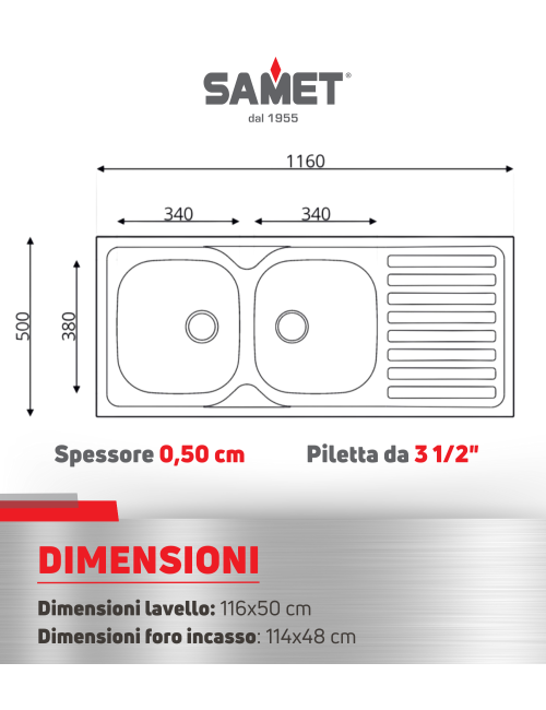 Lavello Incasso Acciaio Inox 116x50 cm Doppia Vasca e Gocciolatoio SX SA138