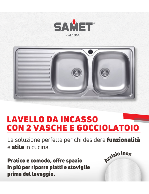 Lavello Incasso Acciaio Inox 116x50 cm Doppia Vasca e Gocciolatoio SX SA138