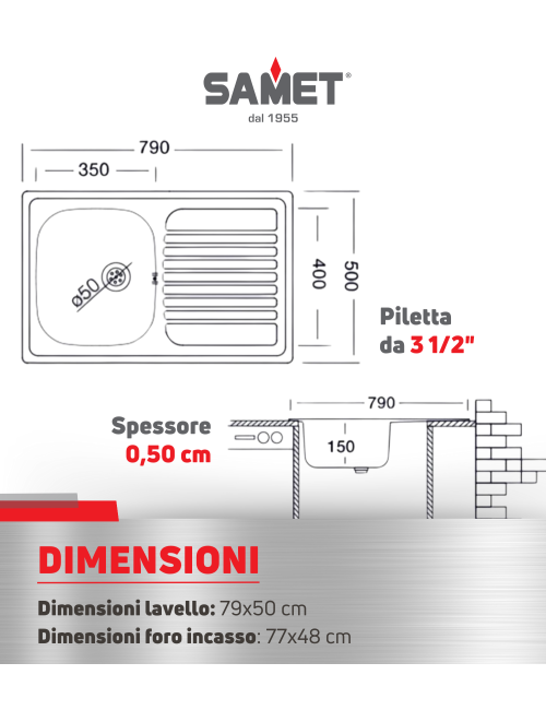 Lavello Incasso Cucina Acciaio 79x50 cm 1 Vasca e Gocciolatoio Destro