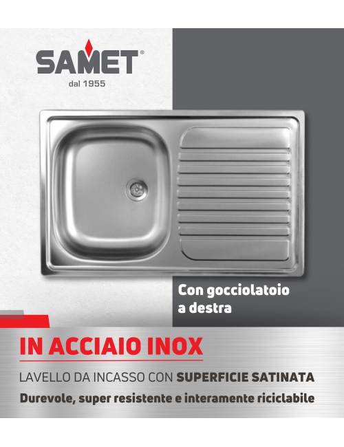 Lavello Incasso Cucina Acciaio 79x50 cm 1 Vasca e Gocciolatoio Destro