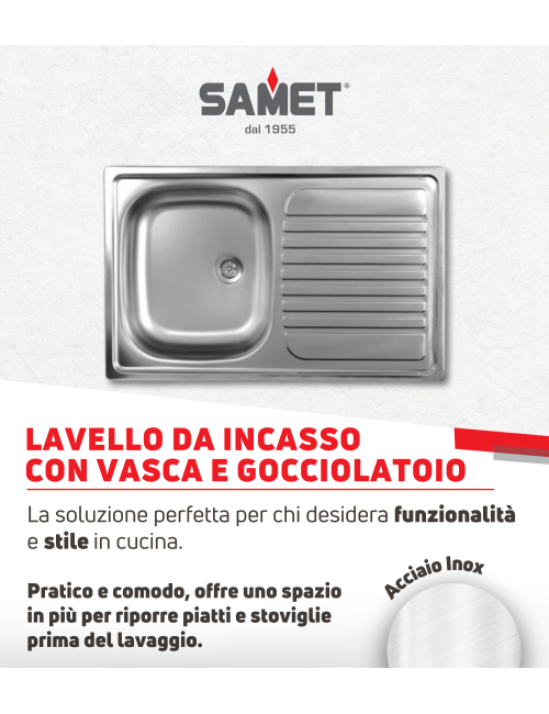 Lavello Incasso Cucina Acciaio 79x50 cm 1 Vasca e Gocciolatoio Destro