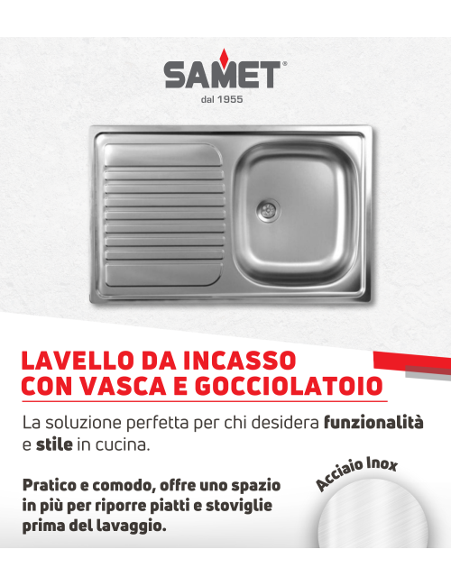 Lavello Incasso Cucina Acciaio 79x50 cm 1 Vasca e Gocciolatoio Sinistro