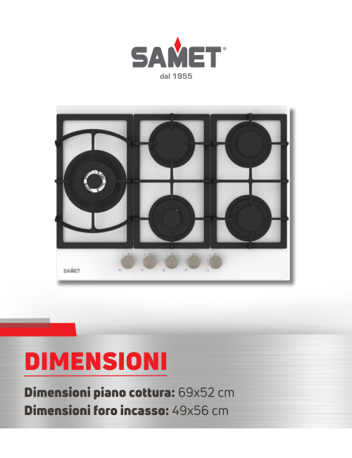 Piano Cottura gas 5 fuochi 70 cm vetro bianco Samet Dafne70 offerta