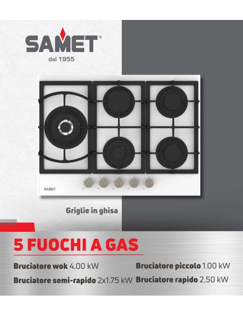 Piano Cottura gas 5 fuochi 70 cm vetro bianco Samet Dafne70 offerta
