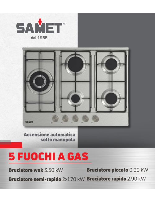 Piano Cottura gas 5 fuochi 70 cm acciaio inox Samet Ercole2 prezzo