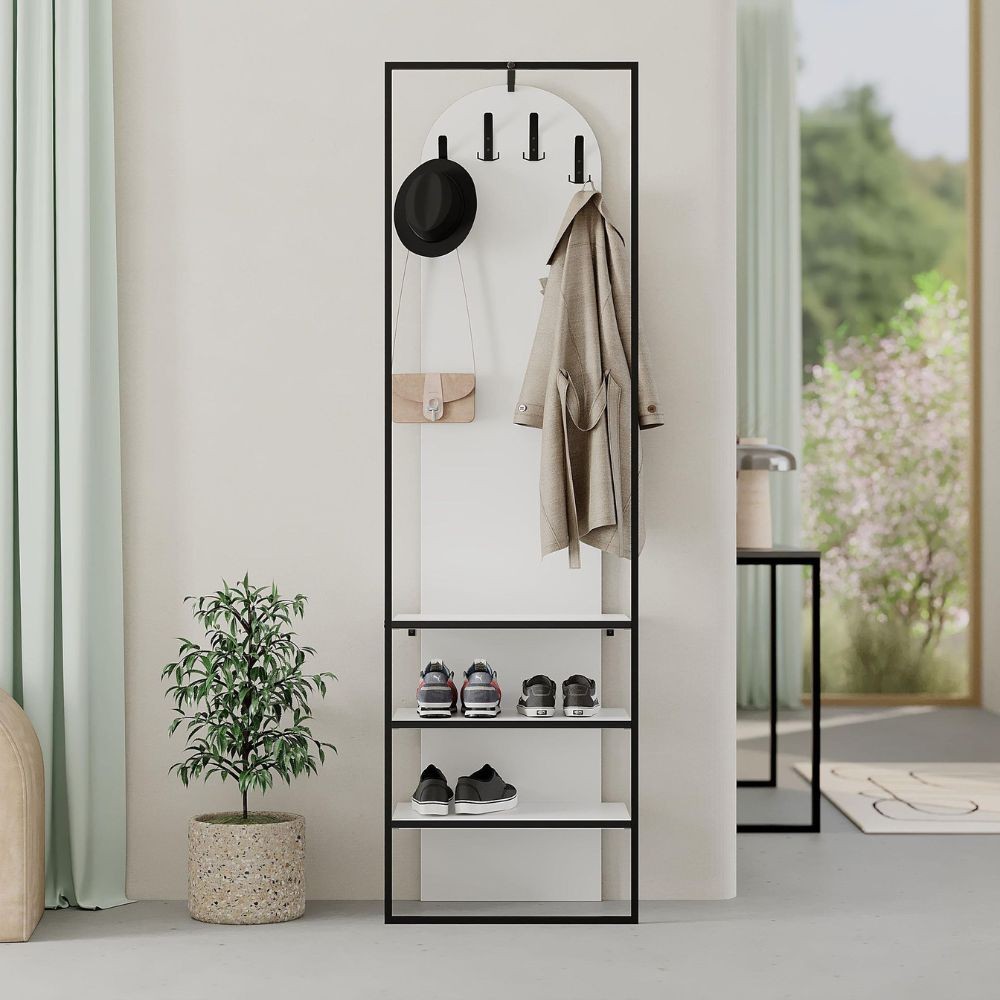 Mobile ingresso bianco Archy con appendiabiti e scarpiera 53x31.7x180H – Stile industriale e organizzazione