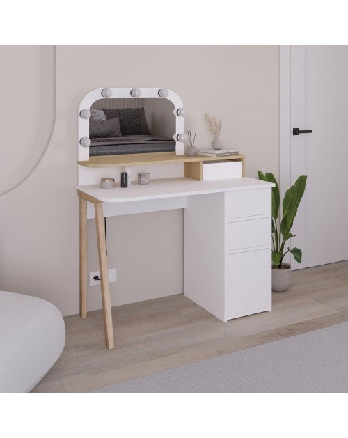 Toeletta da trucco Avien bianco e rovere con specchio e luci LED 105x51.5x131H