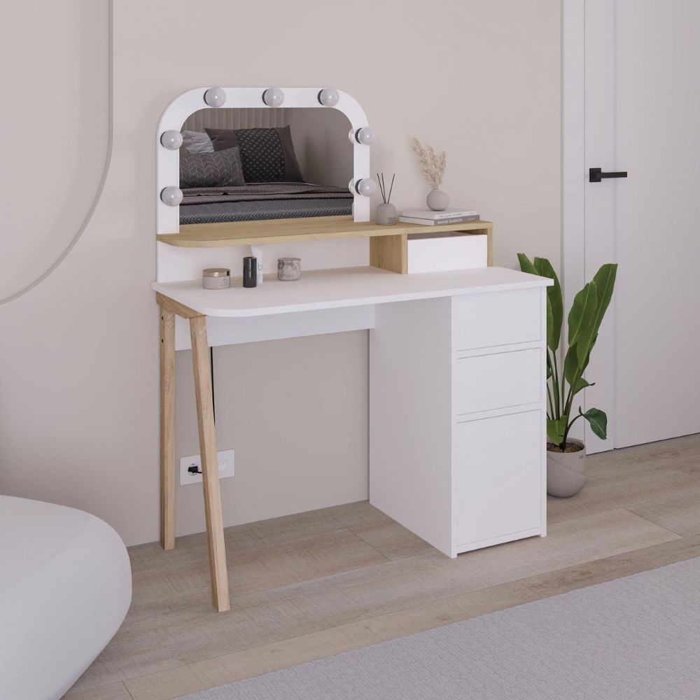 Toeletta da trucco Avien bianco e rovere con specchio e luci LED 105x51.5x131H