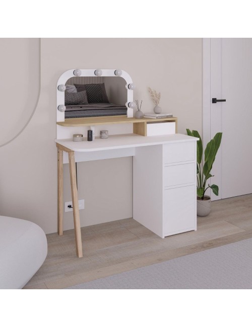 Toeletta da trucco Avien bianco e rovere con specchio e luci LED 105x51.5x131H