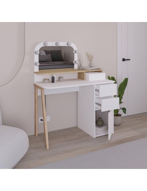 Toeletta da trucco Avien bianco e rovere con specchio e luci LED 105x51.5x131H