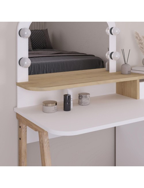 Toeletta da trucco Avien bianco e rovere con specchio e luci LED 105x51.5x131H