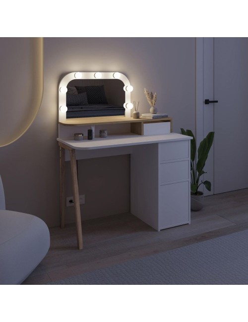 Toeletta da trucco Avien bianco e rovere con specchio e luci LED 105x51.5x131H