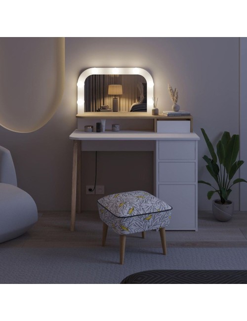 Toeletta da trucco Avien bianco e rovere con specchio e luci LED 105x51.5x131H