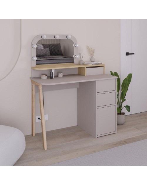 Toeletta da trucco Avien tortora rovere con specchio e luci LED 105x51.5x131H
