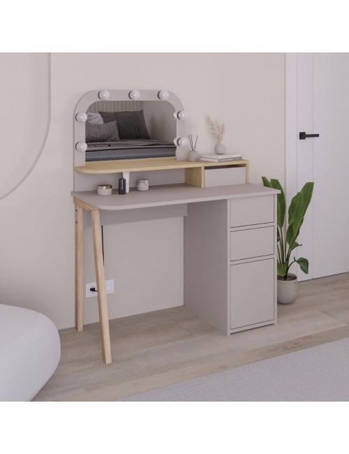 Toeletta da trucco Avien tortora rovere con specchio e luci LED 105x51.5x131H