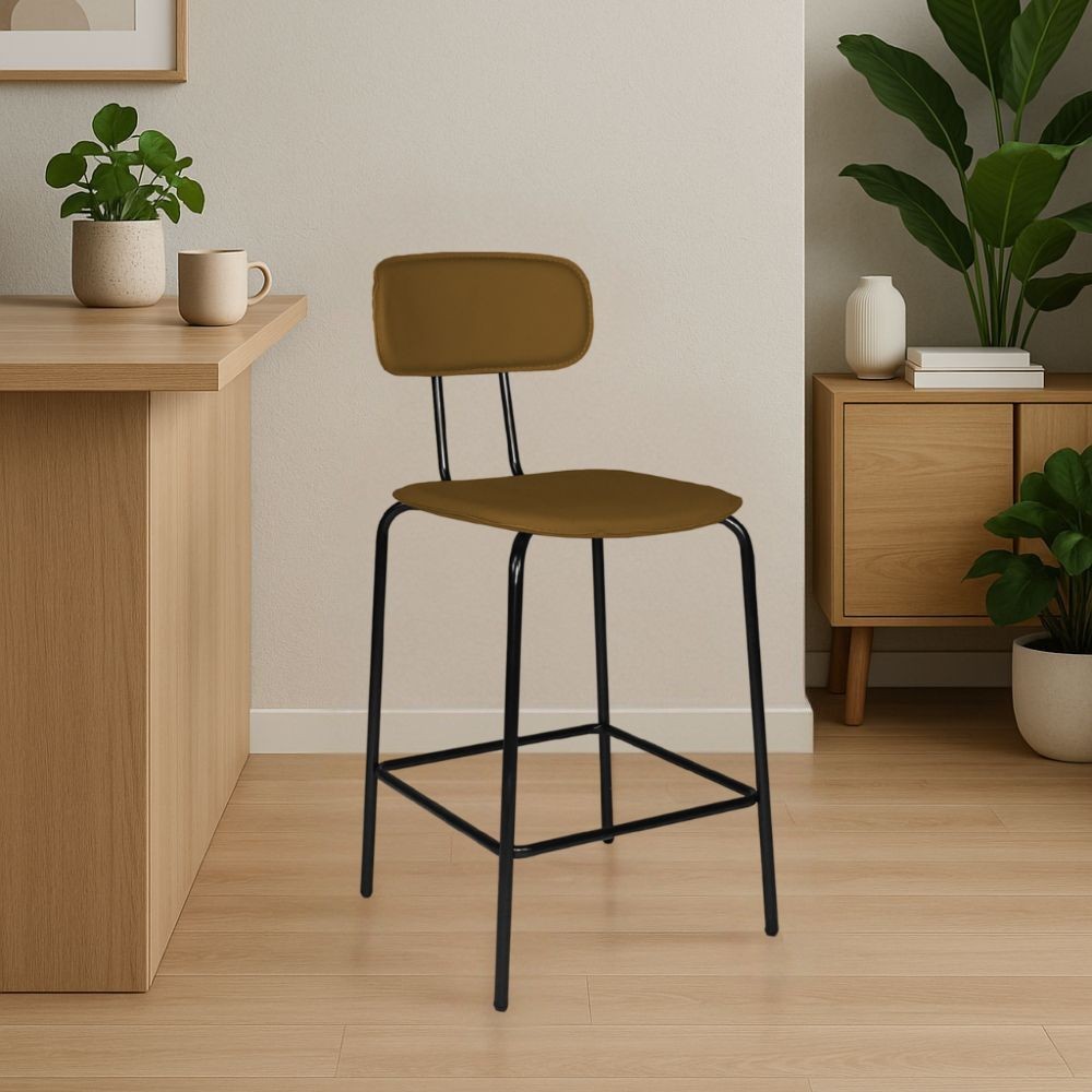 Sgabello Glami con struttura in metallo nero e seduta in pvc effetto cuoio brown