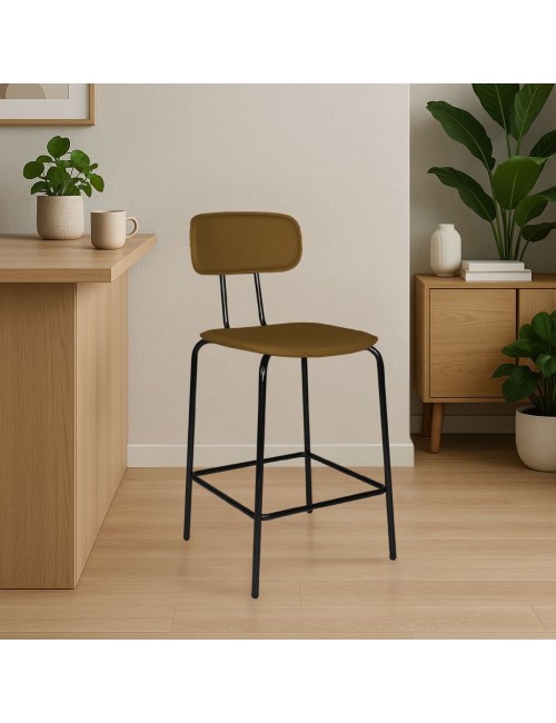 Sgabello Glami con struttura in metallo nero e seduta in pvc effetto cuoio brown