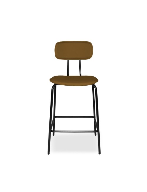 Sgabello Glami con struttura in metallo nero e seduta in pvc effetto cuoio brown