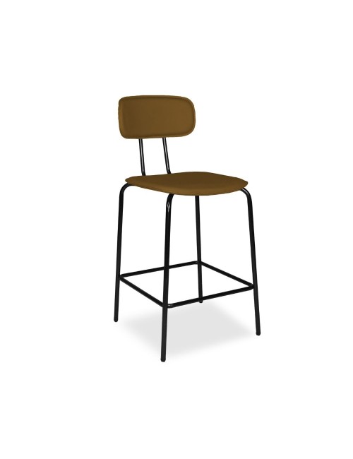Sgabello Glami con struttura in metallo nero e seduta in pvc effetto cuoio brown