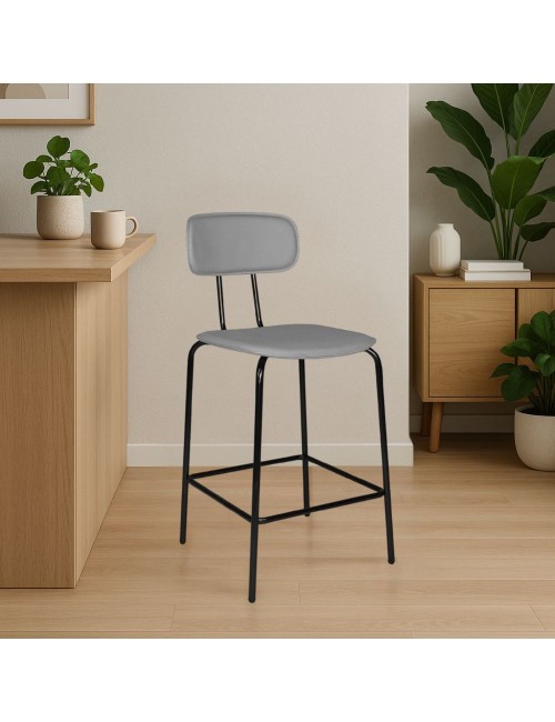 Sgabello Glami con struttura in metallo nero e seduta in ecopelle grigio