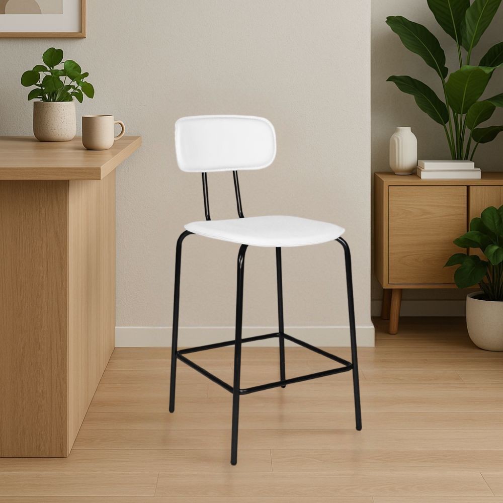 Sgabello Glami con struttura in metallo nero e seduta in pvc effetto cuoio bianco