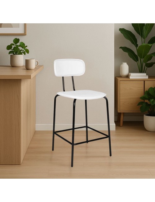 Sgabello Glami con struttura in metallo nero e seduta in ecopelle bianco