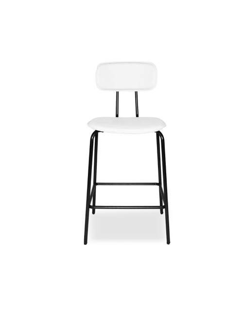 Sgabello Glami con struttura in metallo nero e seduta in pvc effetto cuoio bianco