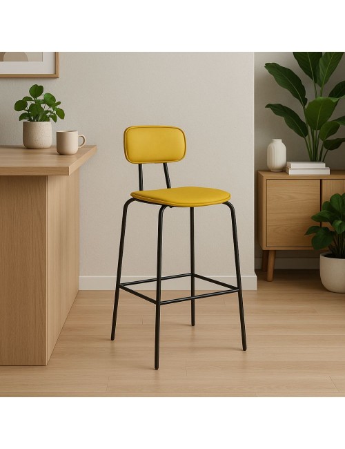 Sgabello Glami con struttura in metallo nero e seduta in ecopelle giallo