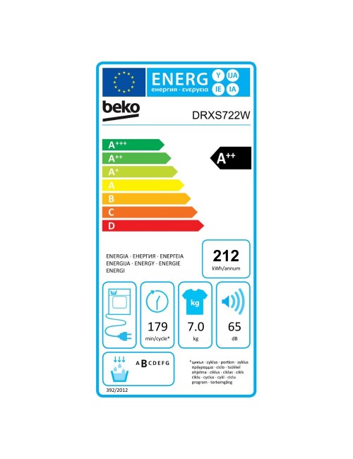 Asciugatrice slim Beko DRXS722W 7 kg pompa di calore colore bianco classe A++