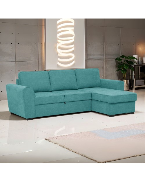Divano letto penisola Reversibile Aston con contenitore in tessuto turchese 251.5x159.5x86H