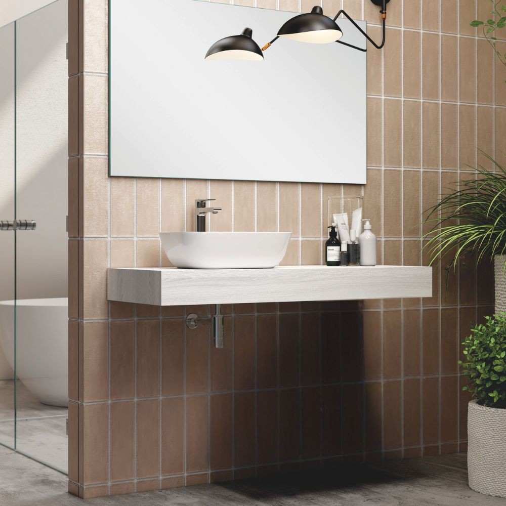 Mensola bagno rovere grigio ghiaccio per lavabo d’appoggio Ely 120x45: eleganza e funzionalità per il tuo bagno