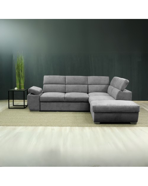 Divano Letto Angolare Arizona con pouf contenitore e poggiatesta regolabili colore grigio 264x224x78H