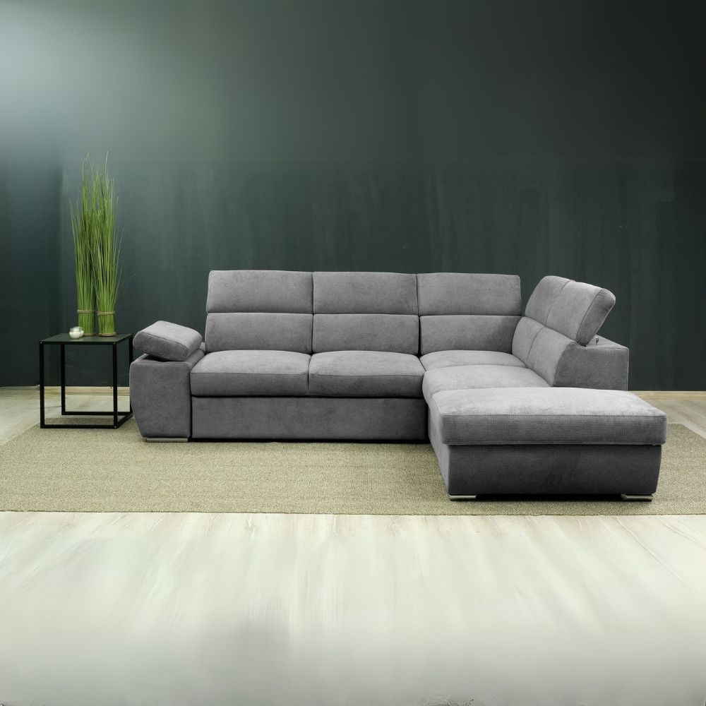 Divano Letto Angolare Arizona con pouf contenitore e poggiatesta regolabili colore grigio 264x224x78H