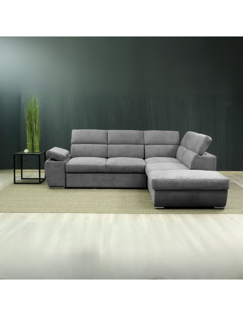 Divano Letto Angolare Arizona con pouf contenitore e poggiatesta regolabili colore grigio 264x224x78H