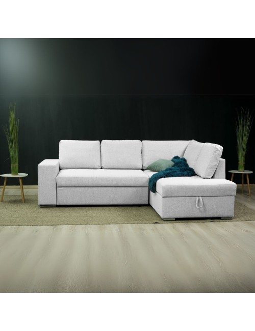 Divano letto angolare Bali con penisola contenitore in tessuto grigio chiaro 248x176x92H