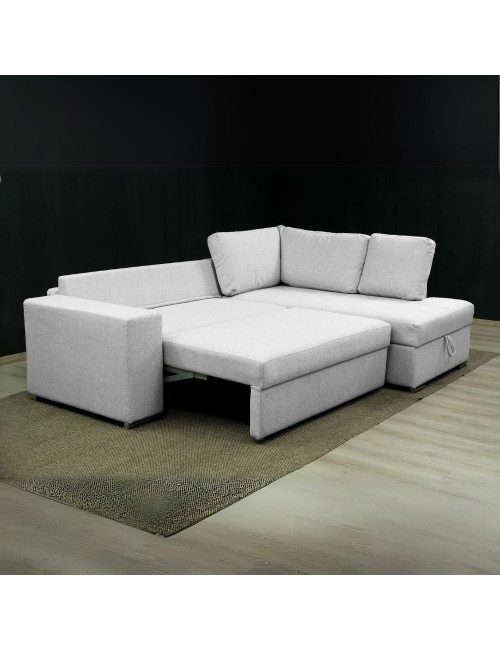 Divano letto angolare Bali con penisola contenitore in tessuto grigio chiaro 248x176x92H