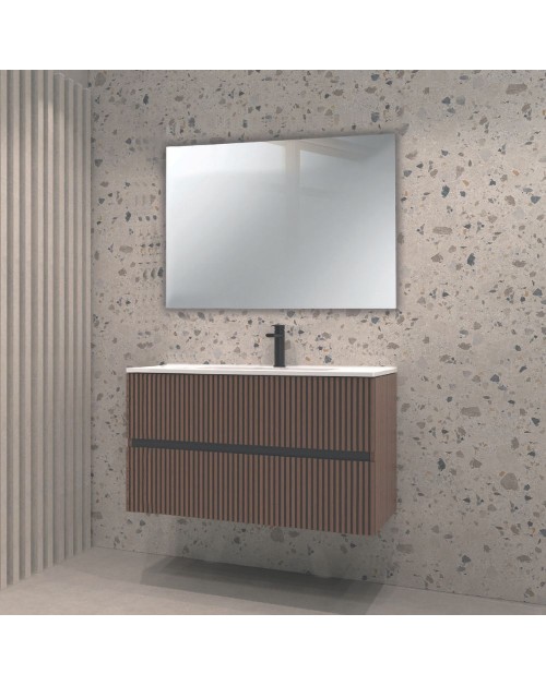 Mobile bagno sospeso Belfast con due cassetti noce effetto cannettato e specchio 80x45x50H