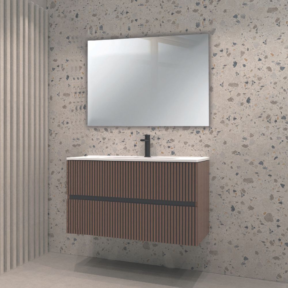 Mobile bagno sospeso Belfast con due cassetti noce effetto cannettato e specchio 80x45x50H