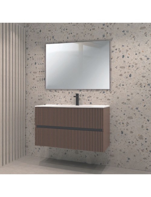 Mobile bagno sospeso Belfast con due cassetti noce effetto cannettato e specchio 80x45x50H