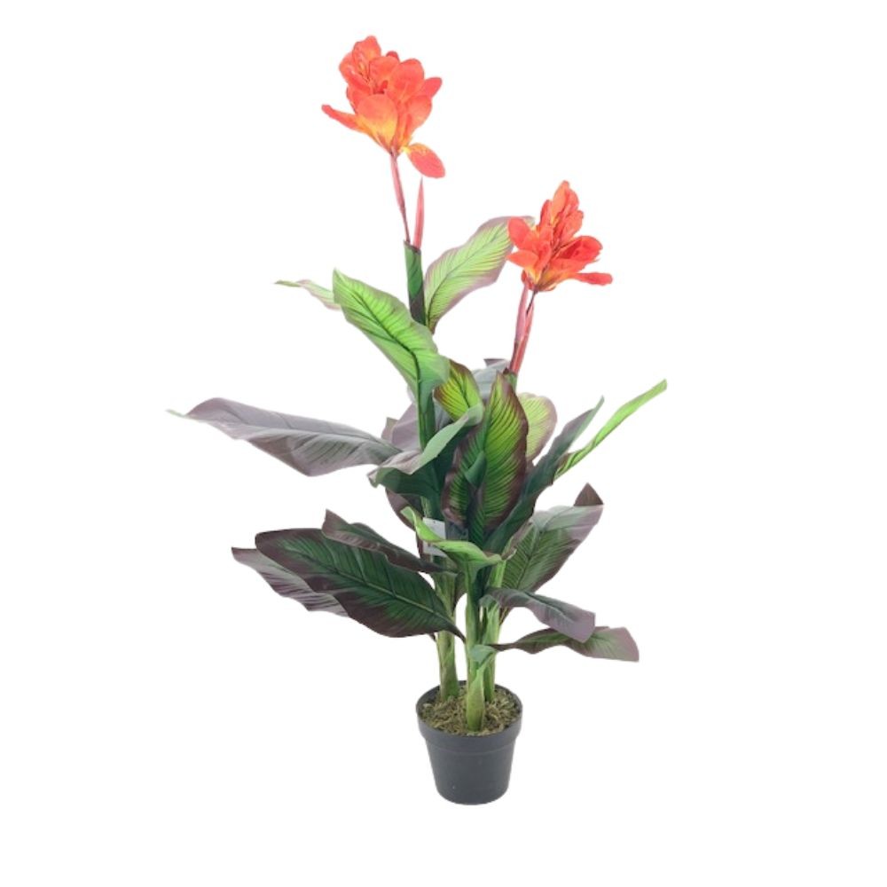 Pianta artificiale Canna Lily foglie verdi con fiori arancio e vaso – Altezza 115 cm