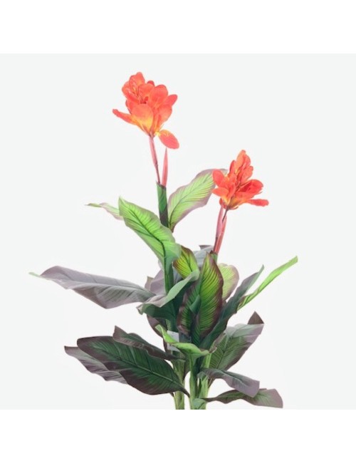 Pianta artificiale Canna Lily foglie verdi con fiori arancio e vaso – Altezza 115 cm