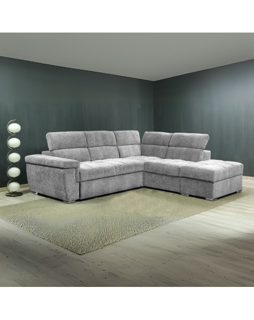 Divano letto angolare reversibile Amalfi con 5 poggiatesta regolabili e pouf in tessuto grigio chiaro