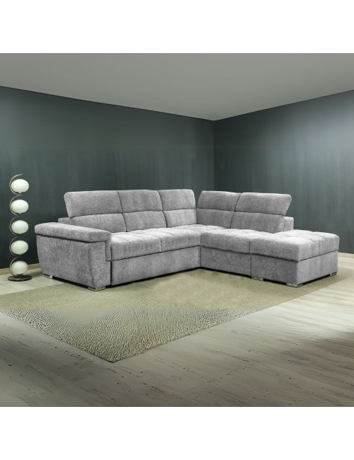 Divano letto angolare reversibile Amalfi con 5 poggiatesta regolabili e pouf in tessuto grigio chiaro