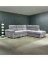 Divano letto angolare reversibile Amalfi con 5 poggiatesta regolabili e pouf in tessuto grigio chiaro