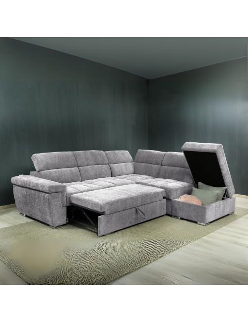 Divano letto angolare reversibile Amalfi con 5 poggiatesta regolabili e pouf in tessuto grigio chiaro