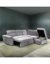 Divano letto angolare reversibile Amalfi con 5 poggiatesta regolabili e pouf in tessuto grigio chiaro