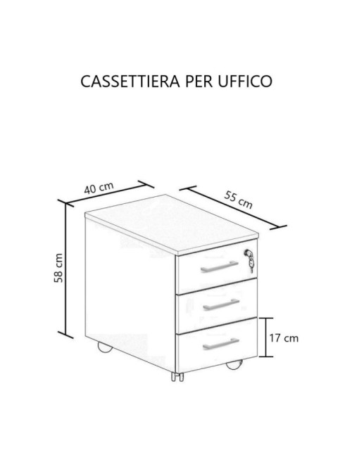 Cassettiera da ufficio 3 cassetti noce naturale e bianco frassinato Ibisco con ruote e serratura 40x55x58H