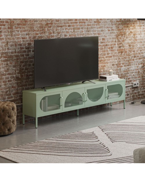 Porta TV in metallo Tayra con 4 ante reticolate verde menta 180x35x50H – Stile moderno e anima industrial