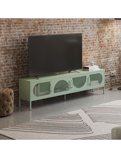 Porta TV in metallo Tayra con 4 ante reticolate verde menta 180x35x50H – Stile moderno e anima industrial